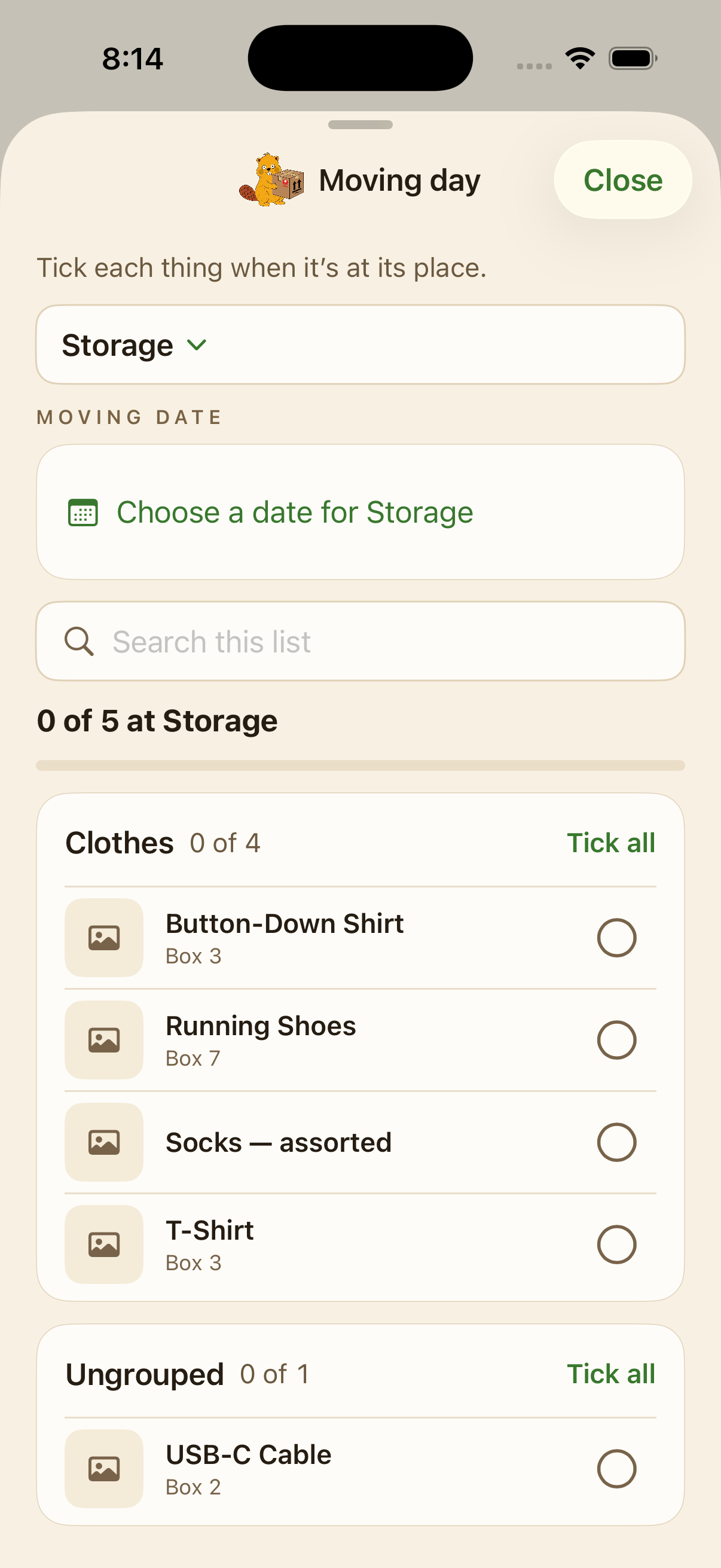 Moving day checklist for marking belongings as arrived